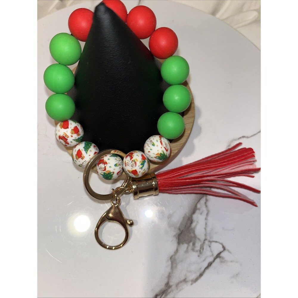Silicone Beaded Wristlet Keychain Bracelet Tassel Key Ring Holder
